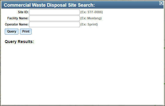 Commercial Waste Disposal Site Search dialog box