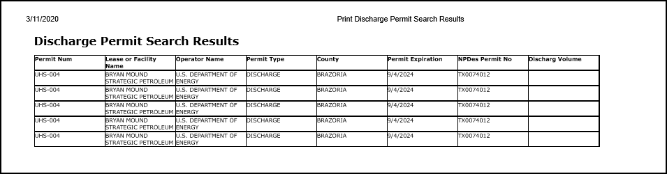 Discharge Permit Search printable results