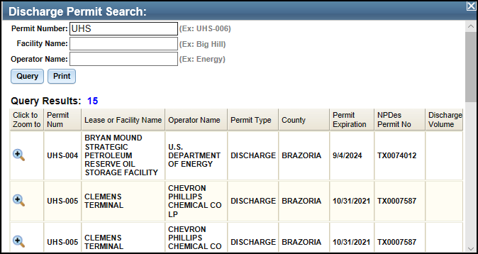 Discharge Permit Search results