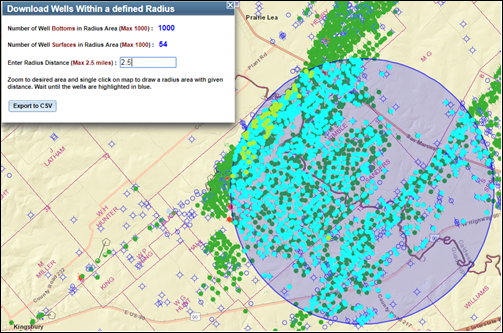 Download Wells Tool: Defined Radius and Selected Results on the Map