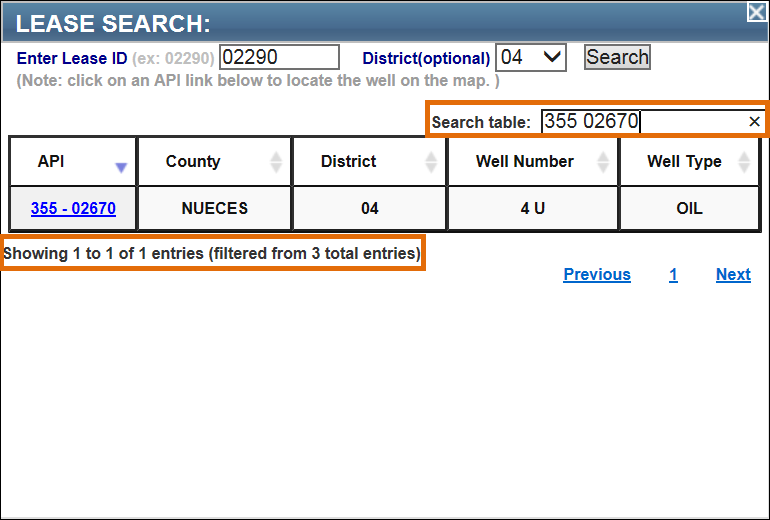 Filtered search results in the lease search